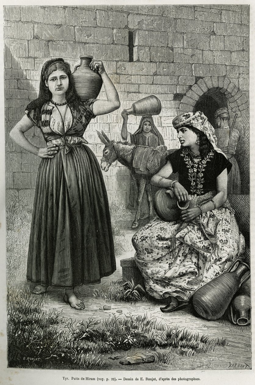 Donne che portano brocche, vicino al pozzo di Hiram a Tiro. Incisione di E.Ronjat, per illustrare la storia La Siria di oggi, di M.Lortet, decano della Facoltà di Medicina di Lione, incaricato di una missione scientifica dal Ministero dell