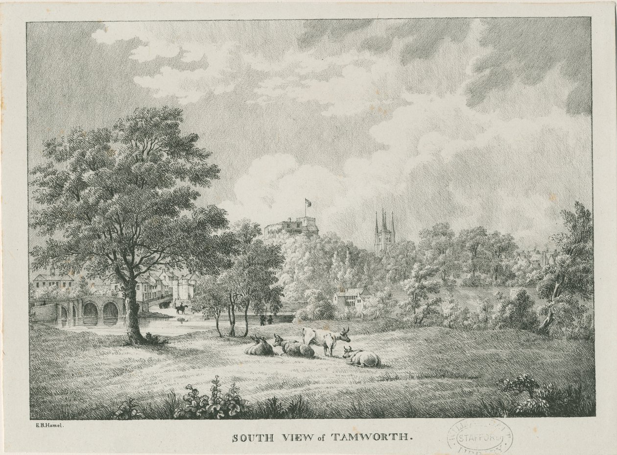 Tamworth - Vista distante da sud: litografia, nd [1796-1865] da Etienne Bruno Hamel
