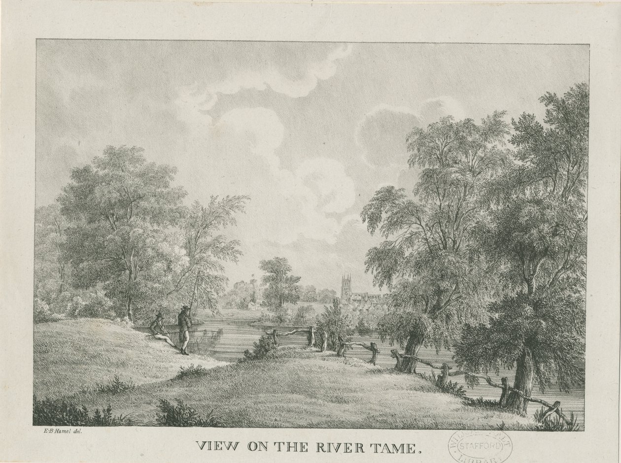 Tamworth - Il fiume Tame: litografia, nd [1796-1865] da Etienne Bruno Hamel