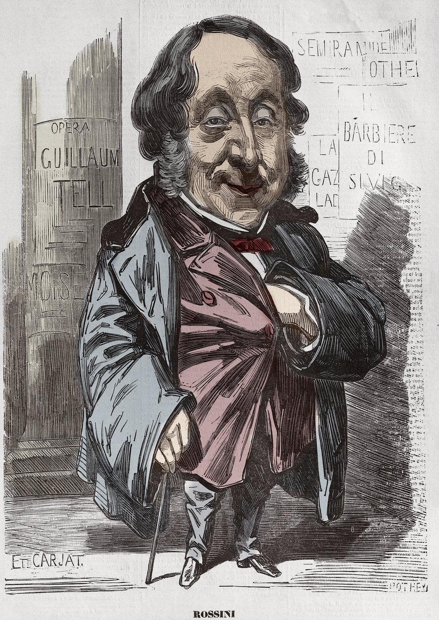 Ritratto di Gioachino Rossini (1792-1868), Caricatura di Etienne Carjat - Etienne Carjat, ritratto-caricatura di Rossini per Diogene, dopo Nadar, 21 dicembre 1856 colorazione digitale da Etienne Carjat