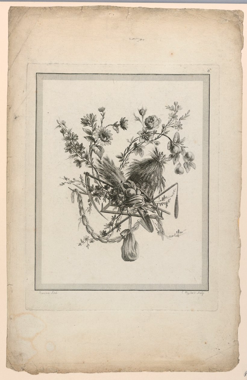 Trofeo con attrezzi per il raccolto, Tavola 6 da "Suite de différentes Attributs, Trophées, et Groupes de Fleurs," Suite II da Etienne Claude Voysard