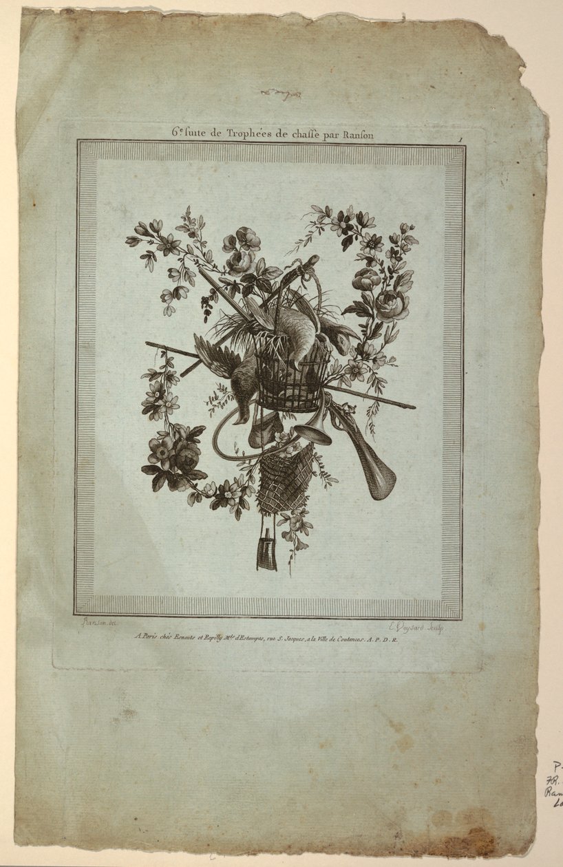Trofeo con strumenti di caccia, Tavola 1 da "Suite de Trophées de chasse," Suite VI da Etienne Claude Voysard