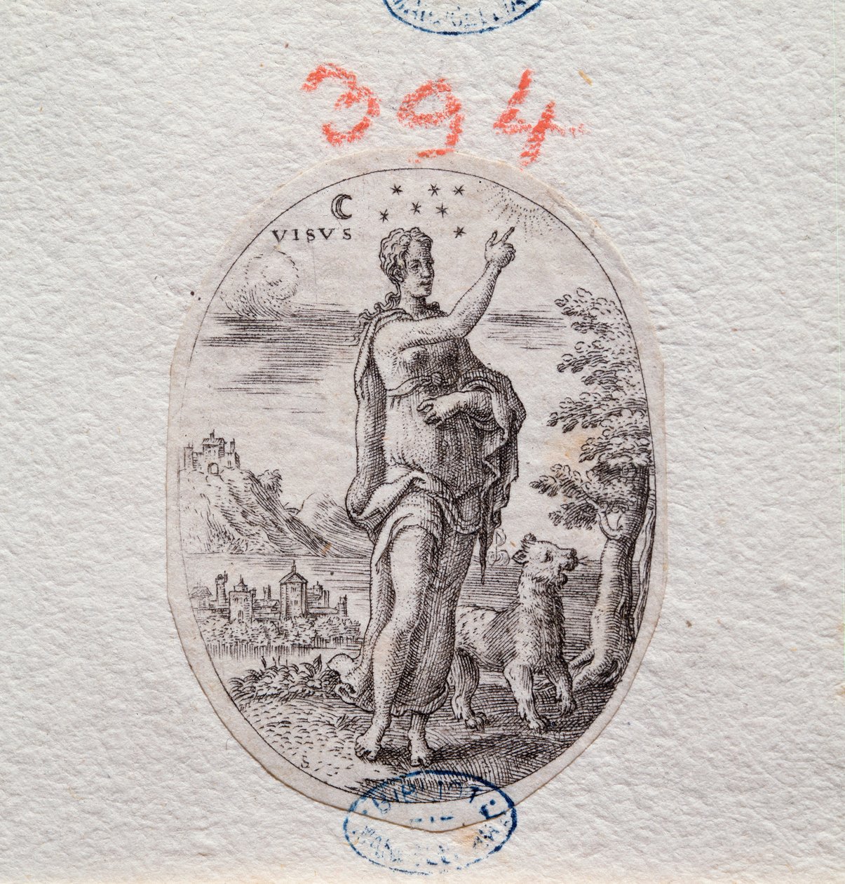 Allegoria della vista, una donna mostra il cielo (incisione) da Etienne Delaune