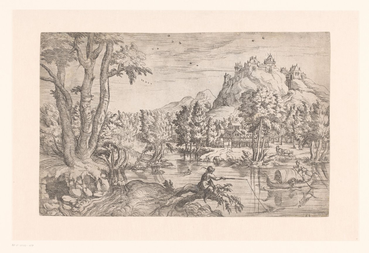 Paesaggio con pescatore e castello sulla cima della montagna da Etienne Dupérac (attributed to)