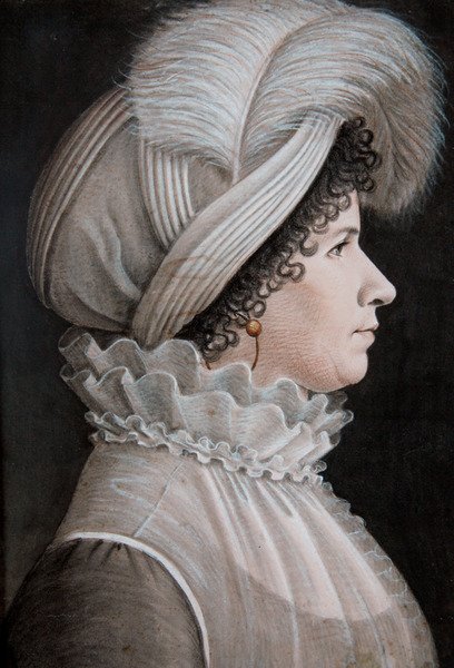 Ritratto di una donna con cappello decorato con una piuma da Etienne Esperance Bouchardy