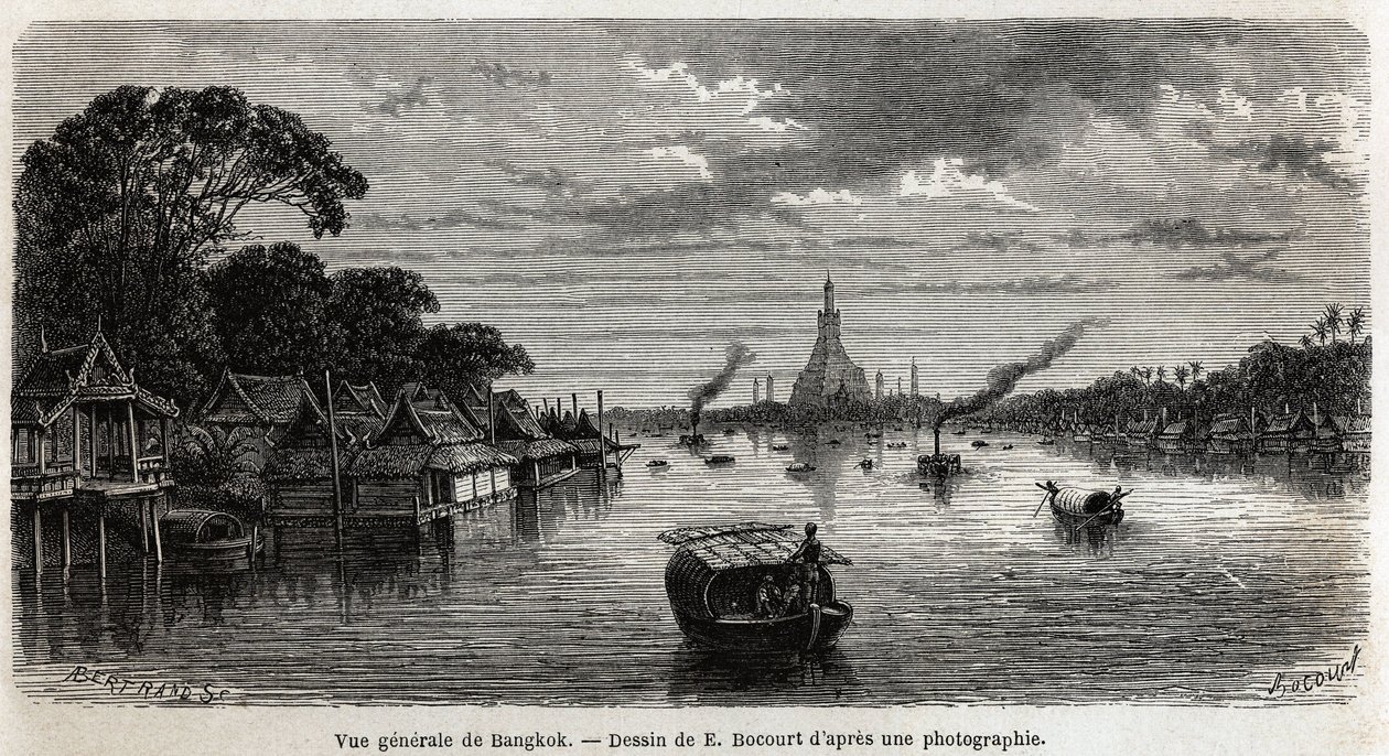 Veduta generale di Bangkok (Thailandia), disegno di E. Bocour, per illustrare il viaggio di Henri Mouhot nei regni di Siam, Cambogia e Laos dal 1858 al 1861. Incisione in “Le tour du monde”, edito da Edouard Charton da Etienne Gabriel Bocourt