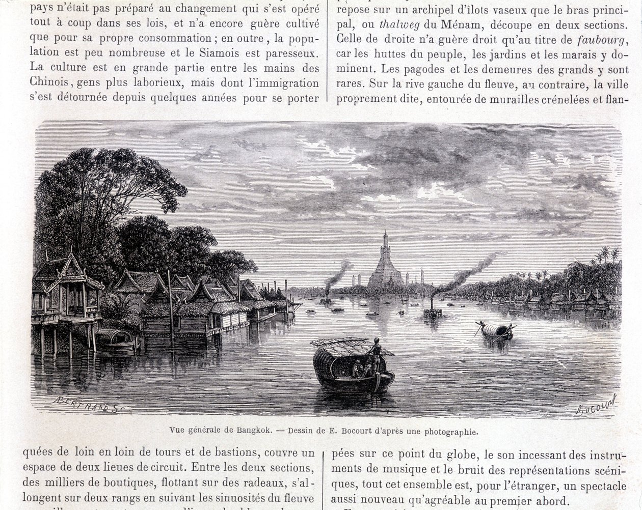 Veduta generale di Bangkok. Disegno di E. Bocourt. da Etienne Gabriel Bocourt