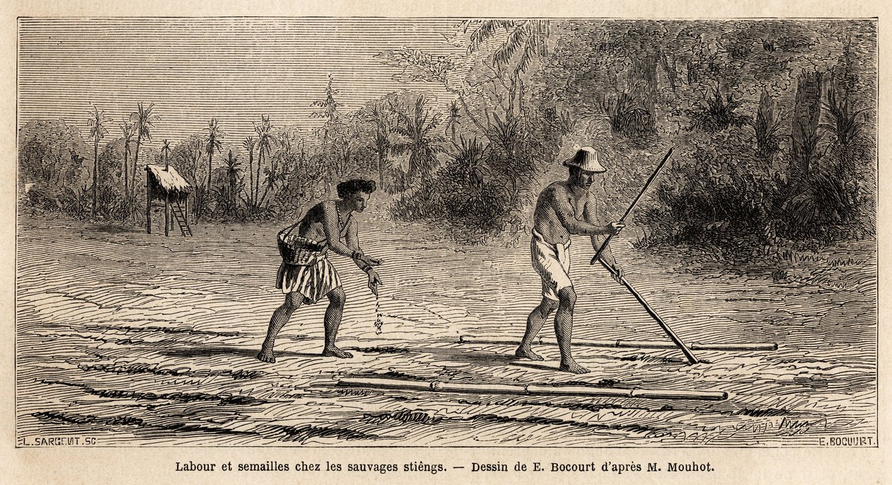 Aratura e semina tra i selvaggi Stiengs, abitanti delle foreste della Cambogia, disegno di E.Bocour, per illustrare il viaggio di Henri Mouhot attraverso i regni di Siam, Cambogia e Laos dal 1858 al 1861. Incisione in "Le tour du monde", a cura di da Etienne Gabriel Bocourt