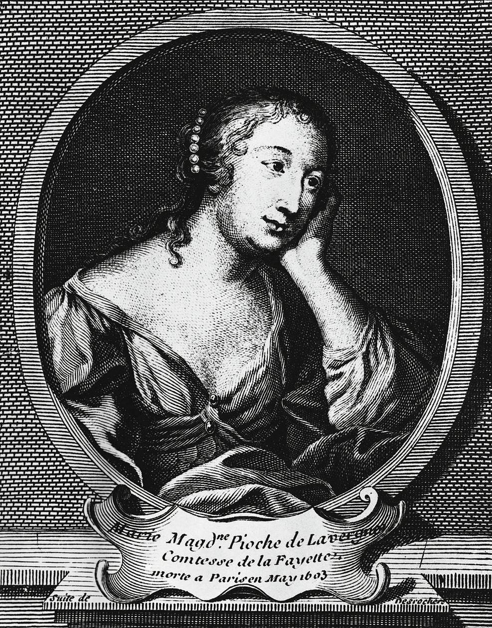 Medaglione ritratto di Marie-Madeleine Pioche de La Vergne, contessa di La Fayette, incisione di Etienne Jehandier Desrochers da Etienne Jehandier Desrochers