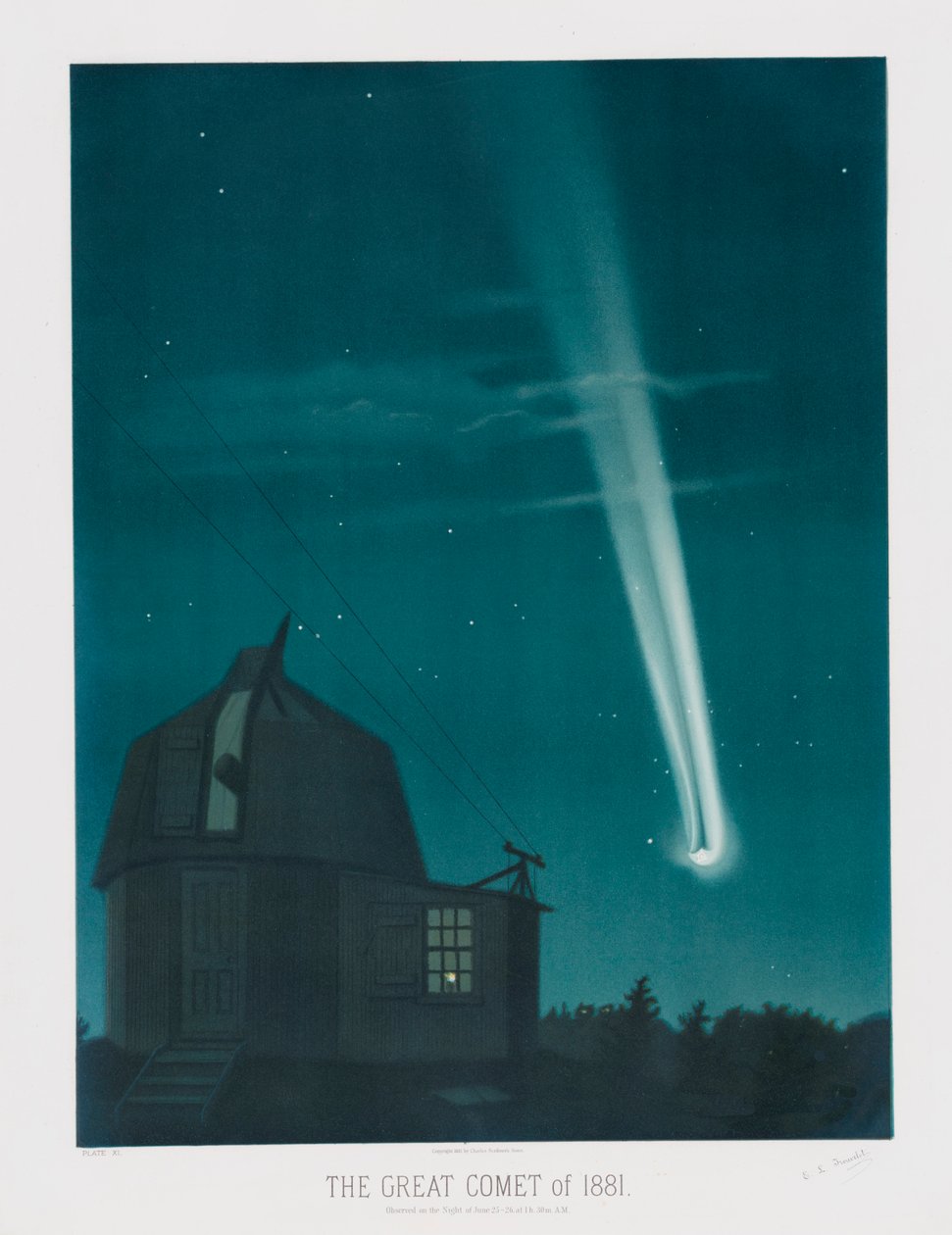 La Grande Cometa del 1881, osservata nella notte del 25-26 giugno, alle 1h.30m AM, pub. 1881 da Étienne Léopold Trouvelot