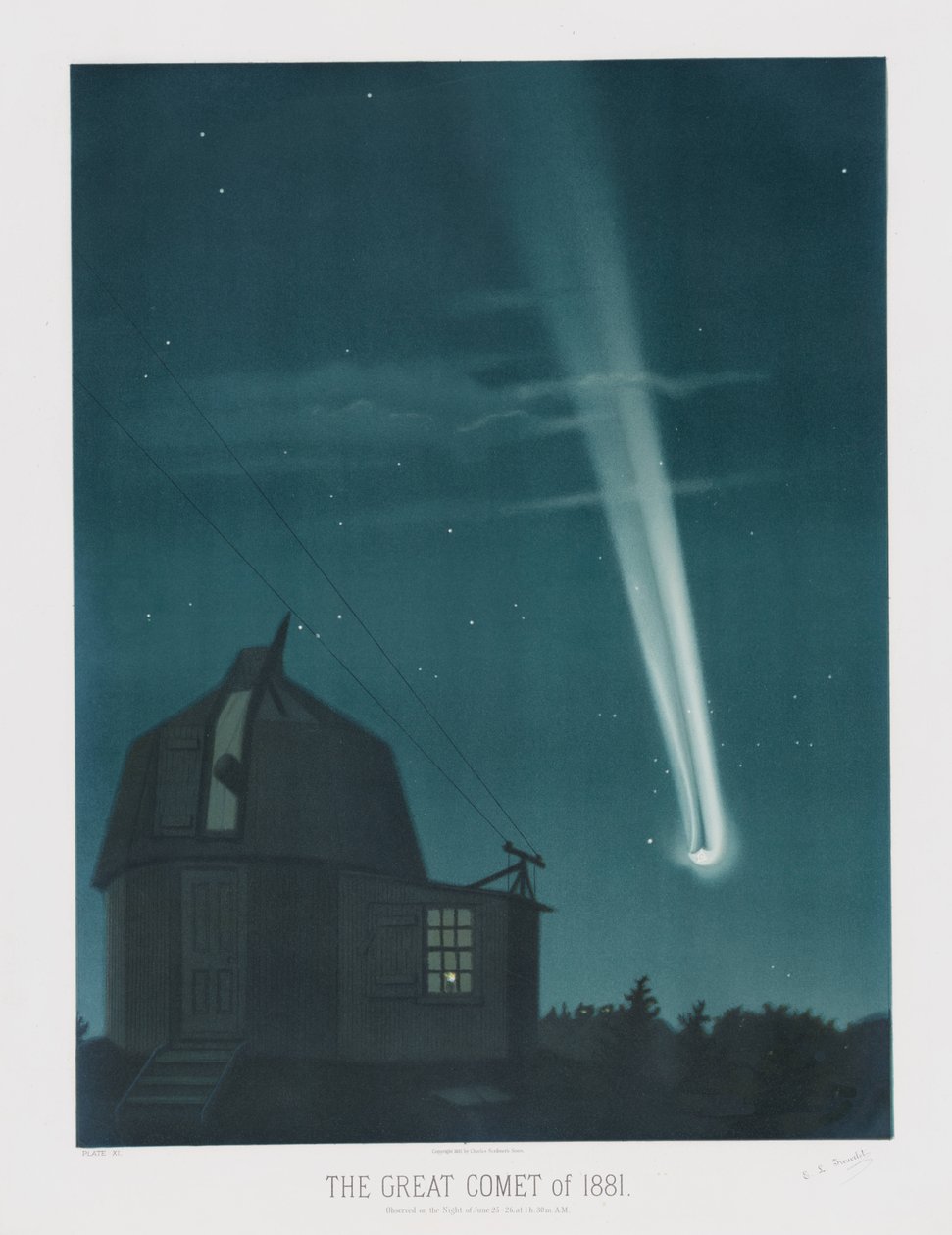 La Grande Cometa del 1881, osservata nella notte del 25-26 giugno, alle 1h.30m AM, da The Trouvelot Astronomical Drawings 1881, pub. 1881 da Étienne Léopold Trouvelot