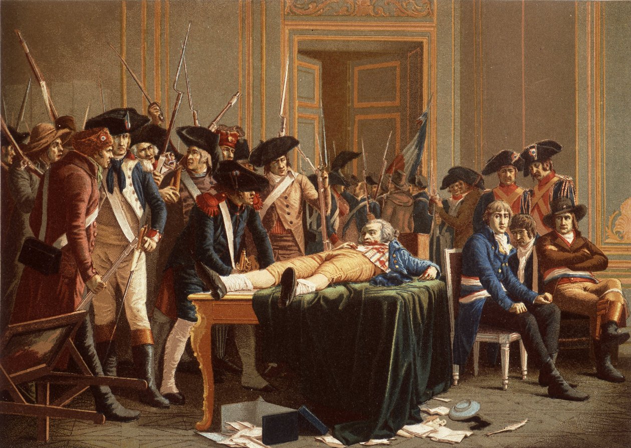 La mattina del 10 Thermidor Anno II; Maximilien de Robespierre, con una mascella fratturata, disteso su un tavolo da Etienne Lucien (after) Melingue