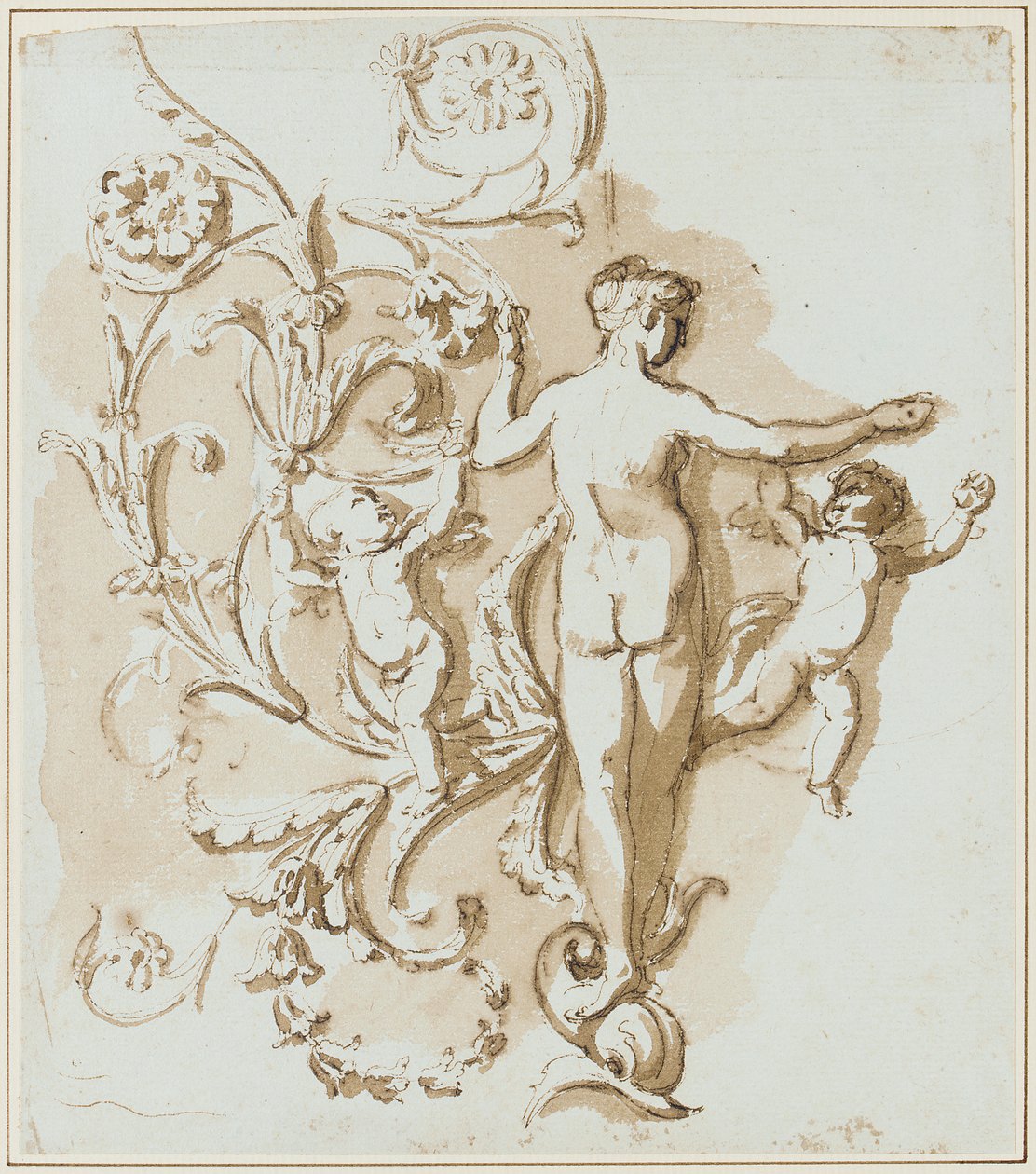 Nudo femminile visto da dietro, con due putti, tra decorazioni a foglia d