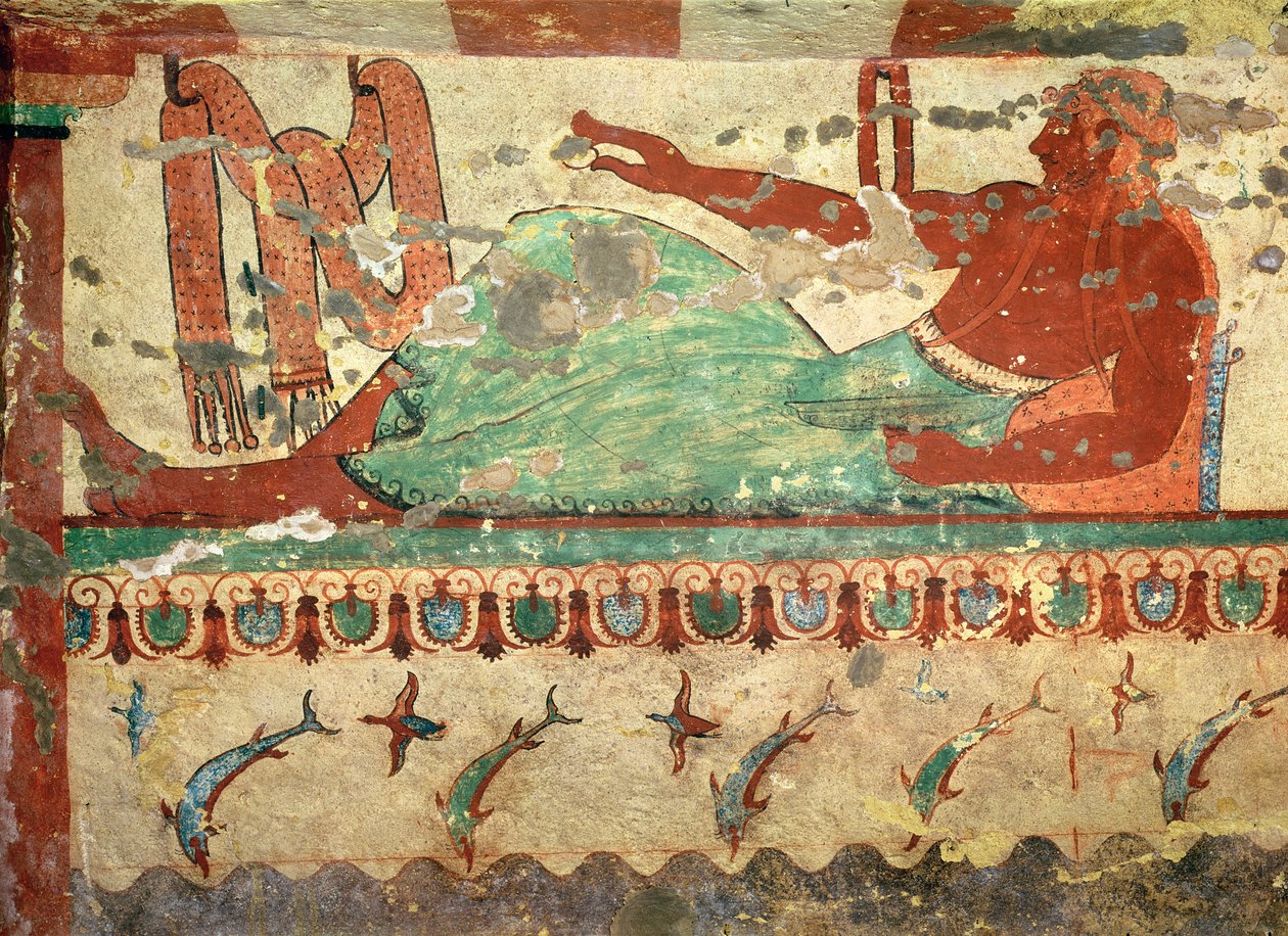 Un ospite a un banchetto funebre con un uovo in mano, dalla Tomba dei Leoni, c.520 a.C. da Etruscan
