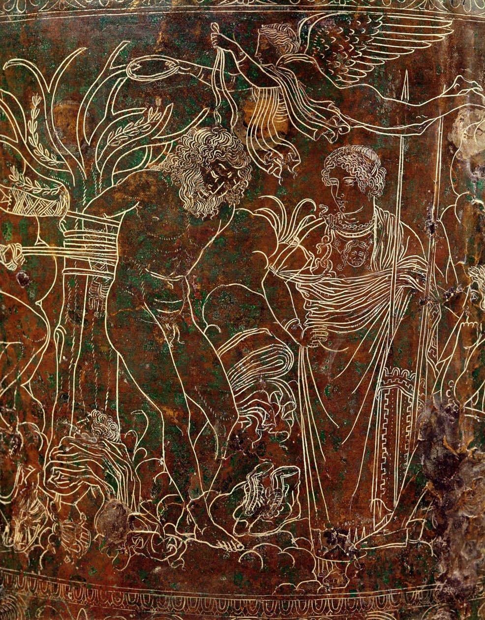 Amycus legato a un albero da Polluce, dettaglio dalla Cista Ficoroni, da Palestrina, c.320 a.C. da Etruscan