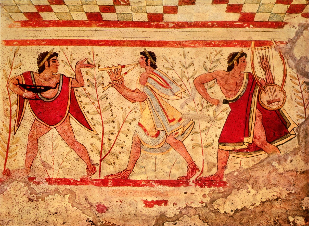 Musicisti etruschi, copia di un affresco del V secolo a.C. nella Tomba del Leopardo a Tarquinia da Etruscan