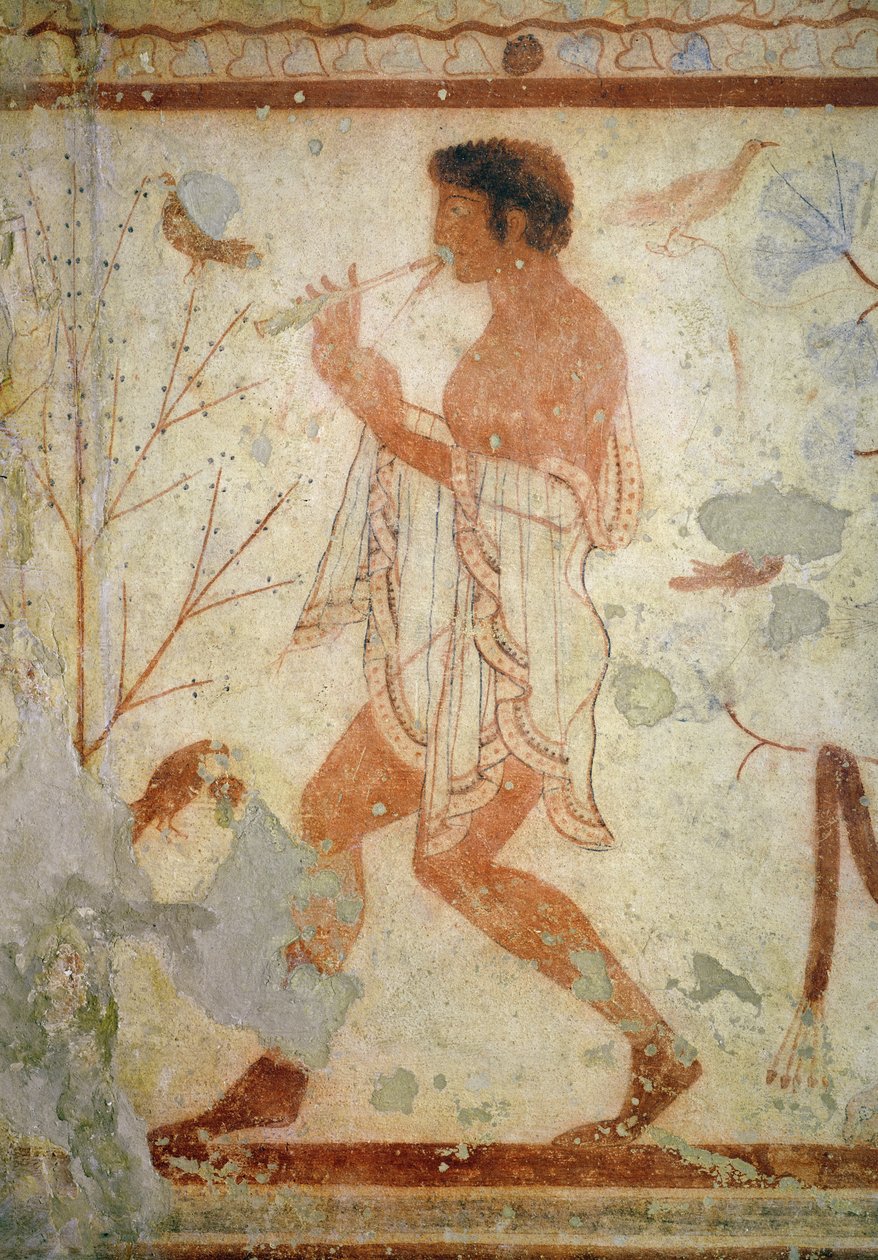 Musicista che suona un doppio flauto, dalla tomba del triclinio, c.470 a.C. (affresco) da Etruscan