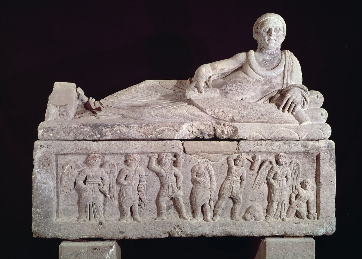 Sarcofago del magistrato Laris Pulena con un rotolo srotolato davanti a lui da Etruscan