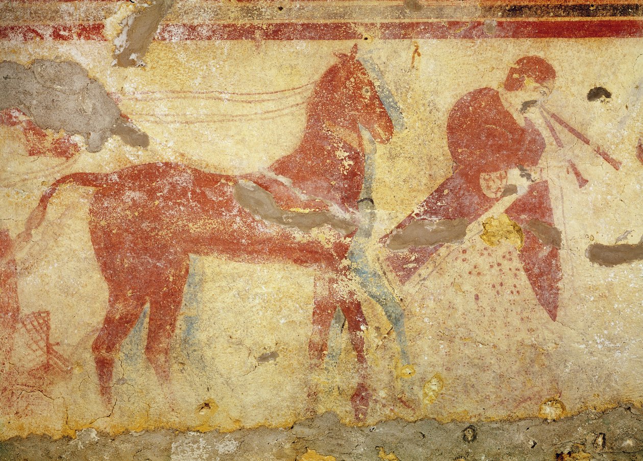 Due cavalli e un musicista, dalla Tomba dei Giustiniani, metà del V secolo a.C. da Etruscan