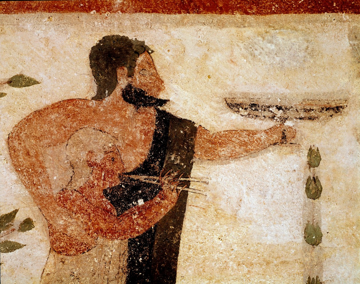 Un uomo barbuto che presenta una coppa, vicino a lui un musicista (dettaglio di affresco, 530 a.C.) da Etruscan