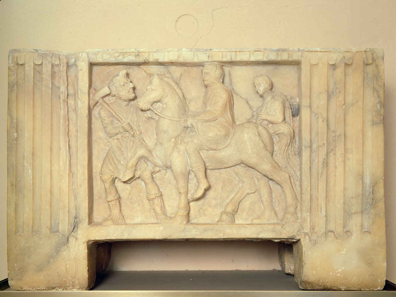 Urna di alabastro con il defunto che cavalca verso l
