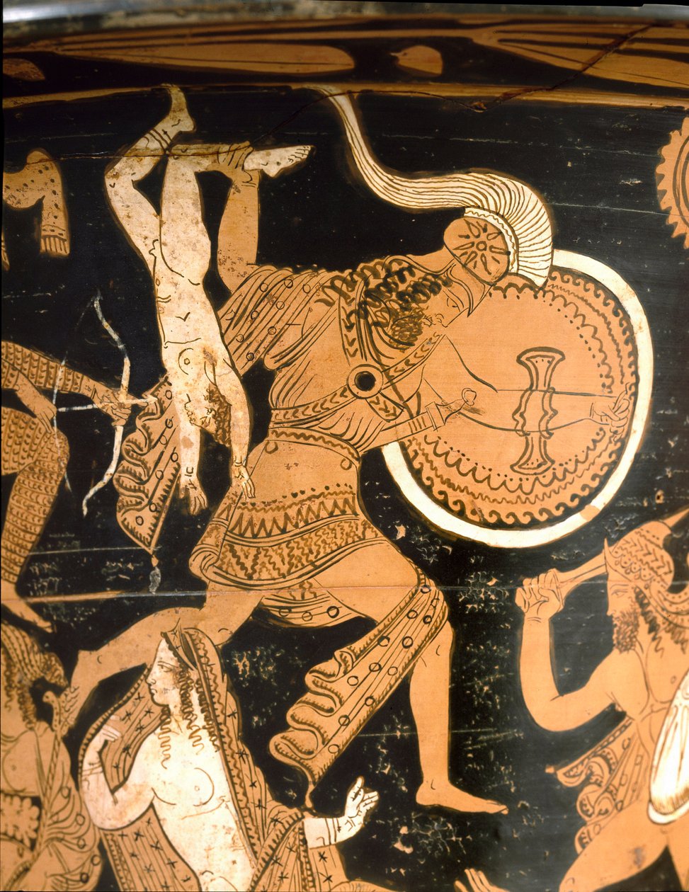 Antichità etrusca: cratere a campana che rappresenta la distruzione di Troia: dettaglio che raffigura Neottolemo che getta Astianatte, figlio di Ettore, oltre le mura. Da Falerii Veteres (Civita Castellana). 350-300 a.C. Roma, Museo Nazionale di Villa Giul da Etruscan
