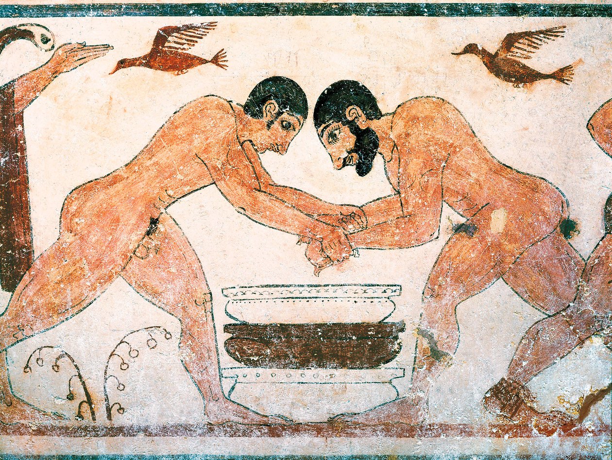 Arte etrusca: Atleti rappresentati nella tomba degli auguri nella necropoli di Monterozzi Tarquinia, vicino a Viterbo, Italia. Affresco del VI secolo a.C. da Etruscan
