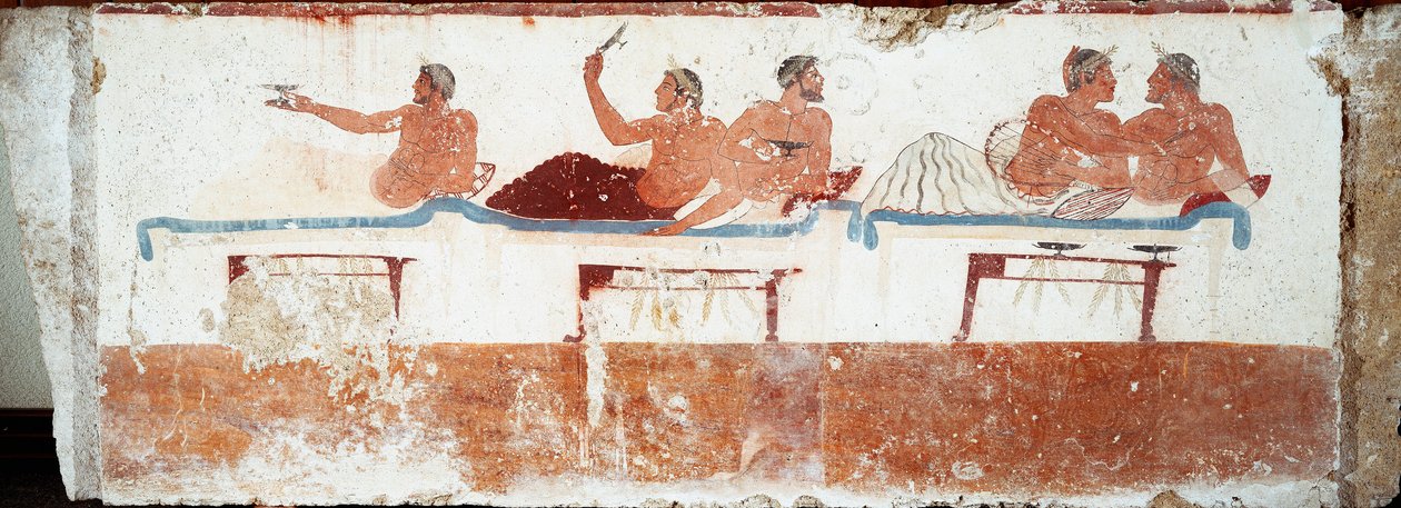 Arte etrusca: scena di banchetto. Affresco della tomba del "tuffatore". Dal cimitero meridionale di Paestum. 480-470 a.C. Museo Archeologico Nazionale, Paestum da Etruscan