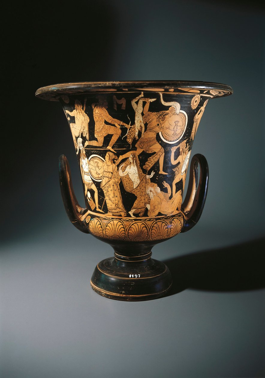 Ceramica a figure rosse, calice cratere raffigurante Neottolemo, Astianatte, Elena di Troia e Priamo a terra, del Pittore di Nazzano, da Civita Castellana da Etruscan