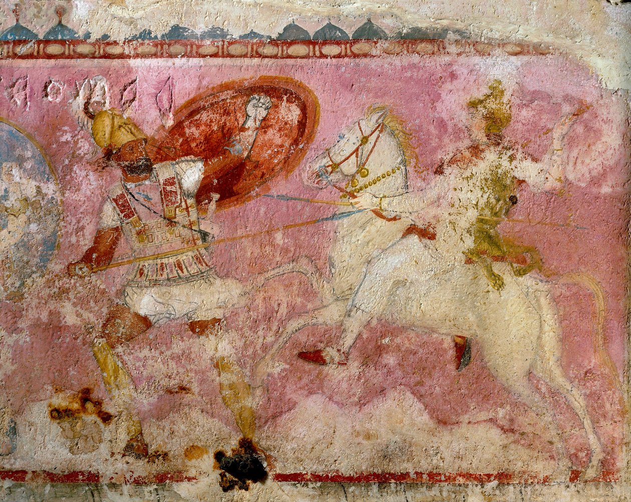Sarcofago delle Amazzoni con scena dipinta di battaglia, calcare bianco, da Tarquinia, Lazio, Italia, particolare da Etruscan