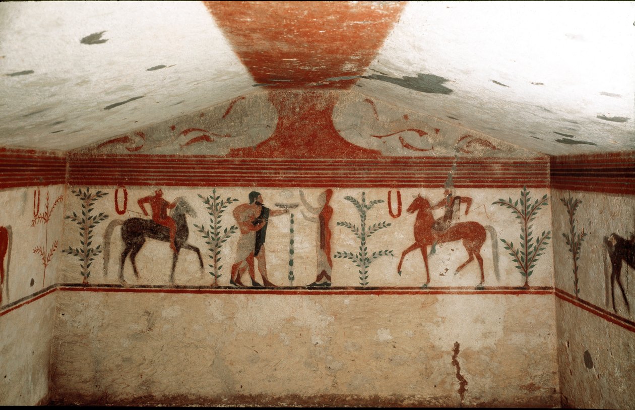 Due cavalieri, una donna e un uomo barbuto che presenta una coppa (dettaglio di affresco, 530 a.C.) da Etruscan