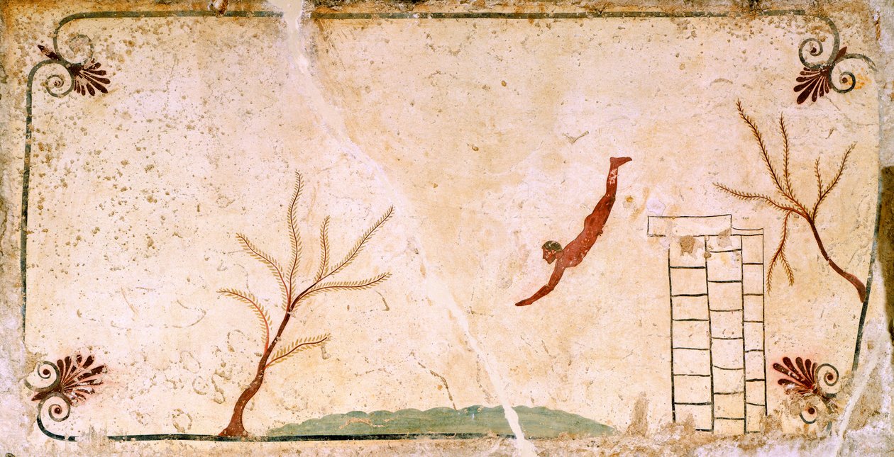 Subacqueo, circa 480-490 a.C., affresco decorativo dalla lastra di copertura della Tomba del Subacqueo a Paestum, Campania, Italia, V secolo a.C. da Etruscan