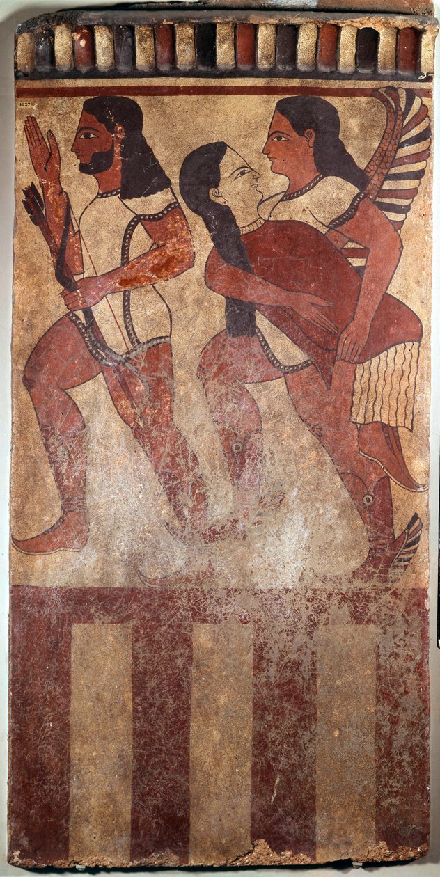 Arte etrusca: Piatto in terracotta dipinta chiamato Placca Campana: un arciere, un genio alato con figura femminile (Cerveteri, VI secolo a.C.) da Etruscan Etruscan