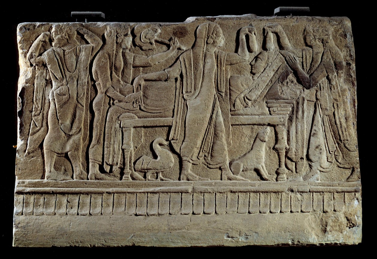Antichità etrusca: Placca di cippo funerario. Esposizione del defunto sul suo letto funebre. Parigi, Museo del Louvre da Etruscan Etruscan
