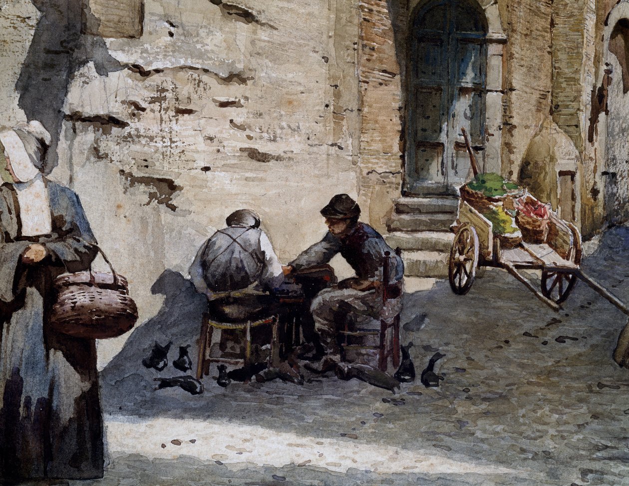 Vecchie case medievali su Lungaretta di Ettore Roesler Franz (1845-1907), acquerello dalla serie Roma Sparita, Dettaglio, Italia da Ettore Roesler Franz