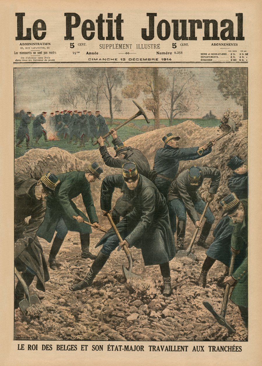 Il re del Belgio insieme ai suoi ufficiali di stato maggiore che scavano le trincee, illustrazione di copertina da 