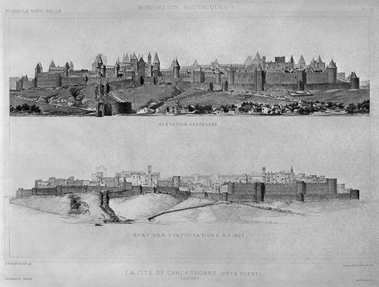 Veduta di Carcassonne dal lato ovest, stato delle fortificazioni e della città nel 1853, illustrazione da 