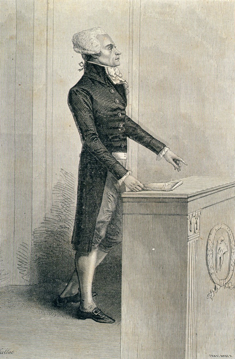 Maximilien de Robespierre (1758-94) che oratoria, inciso da Stephane Pannemaker (1847-1930) da Eugene Joseph Viollat