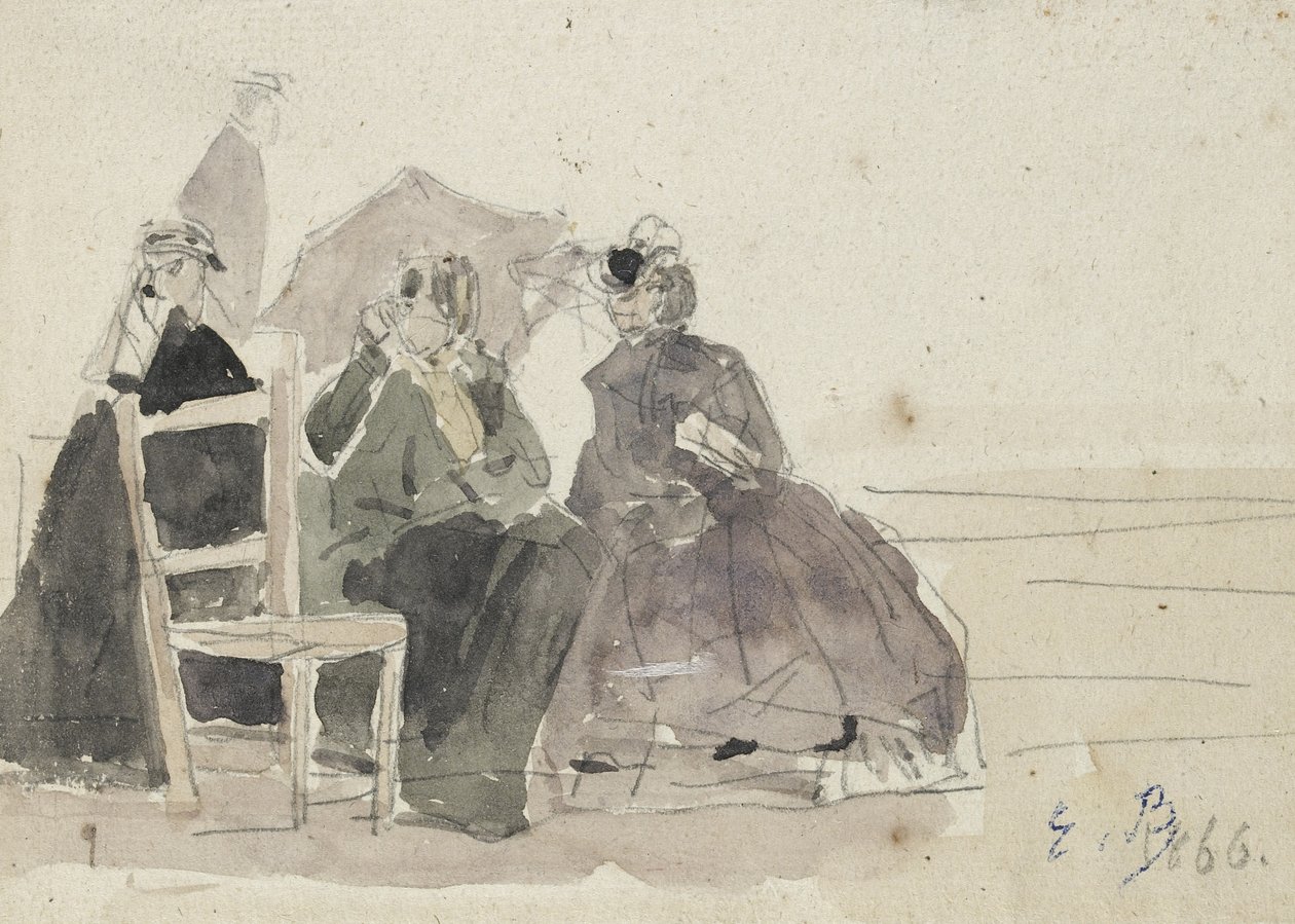 Tre donne sedute su sedie in spiaggia da Eugene Louis Boudin