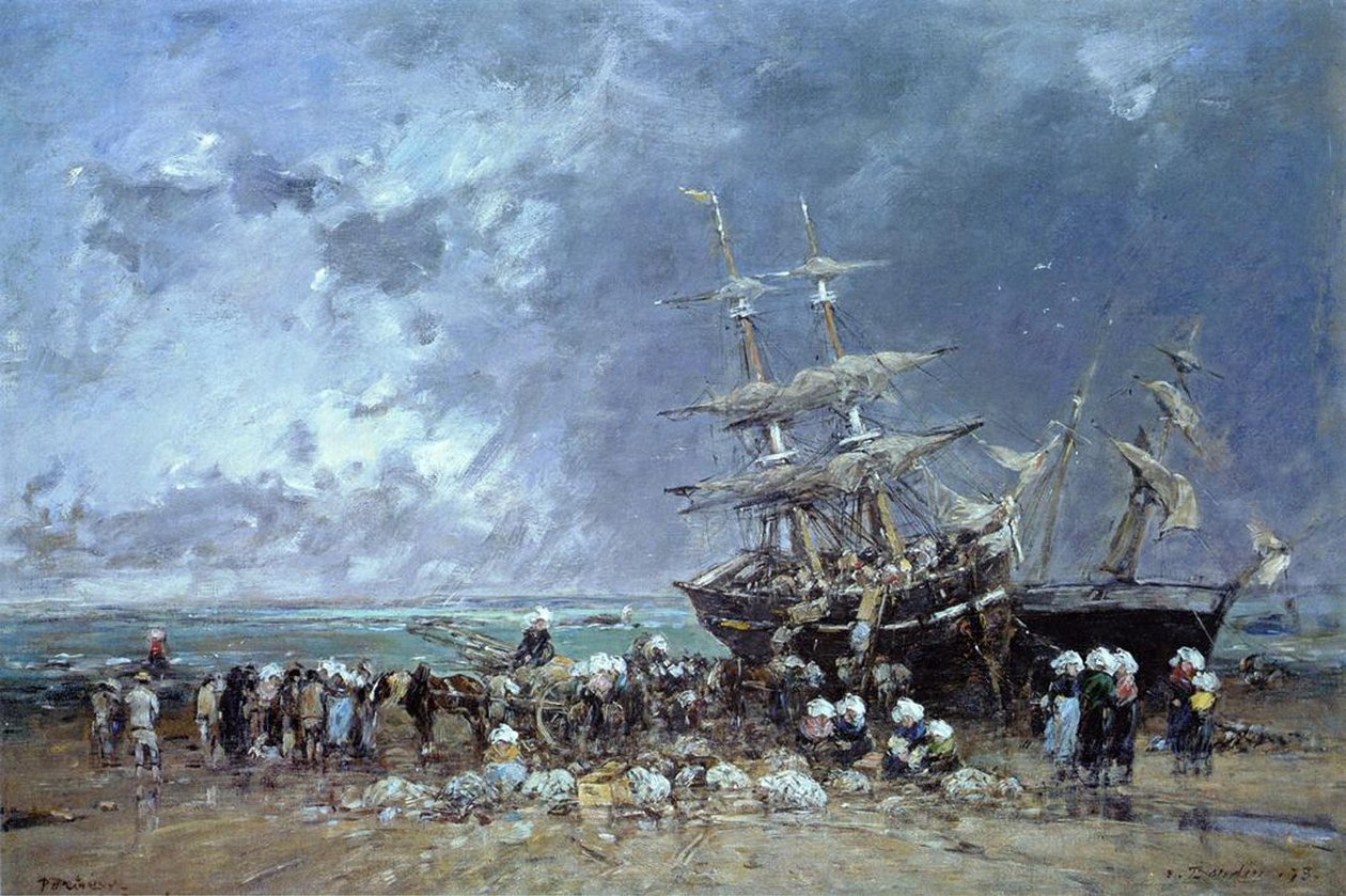 Scarico della barca da pesca di Terranova, 1873 da Eugene Louis Boudin
