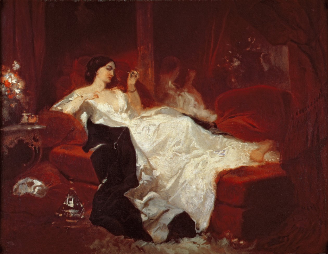 Donna su un divano rosso da Eugene-Louis Lami