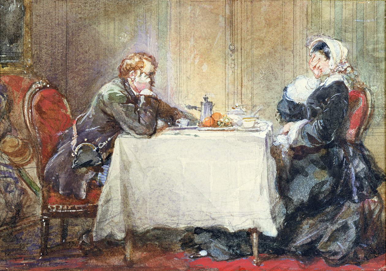 Alfred de Musset e George Sand al tavolo, illustrazione da 
