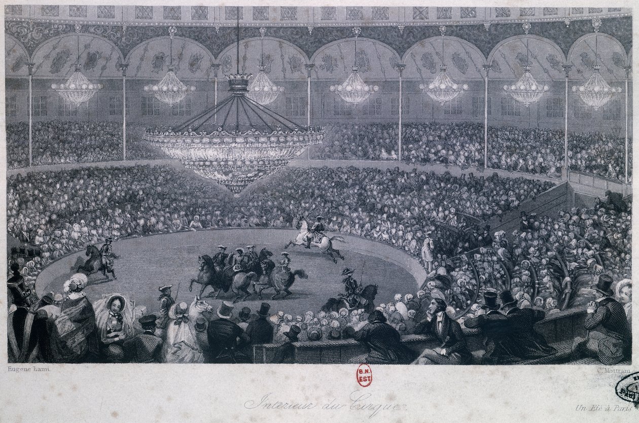 Spettacolo equestre al circo Franconi, Champs Elysées, Parigi, di Eugène Louis Lami, inciso da Charles Mottram tratto da Estate e Inverno a Parigi da Eugene Louis Lami