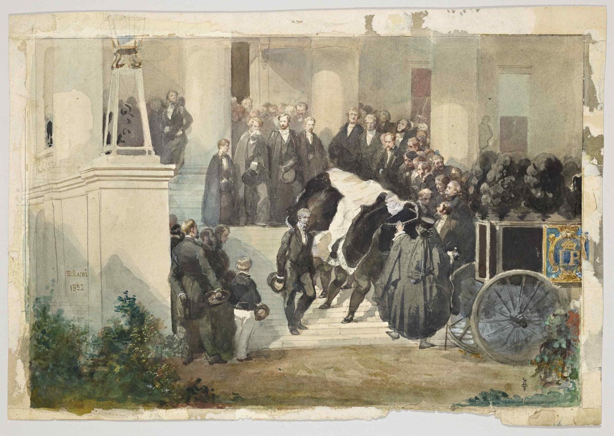 La bara di re Luigi Filippo lascia Claremont House a Esher, Surrey, Inghilterra, agosto 1850 da Eugene Louis Lami