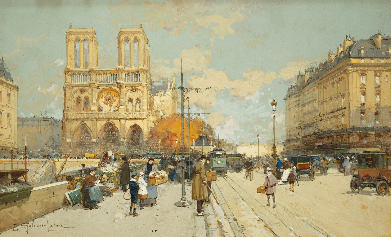 Figure su una Strada Parigina Assolata, Notre Dame a Sinistra da Eugene Galien Laloue