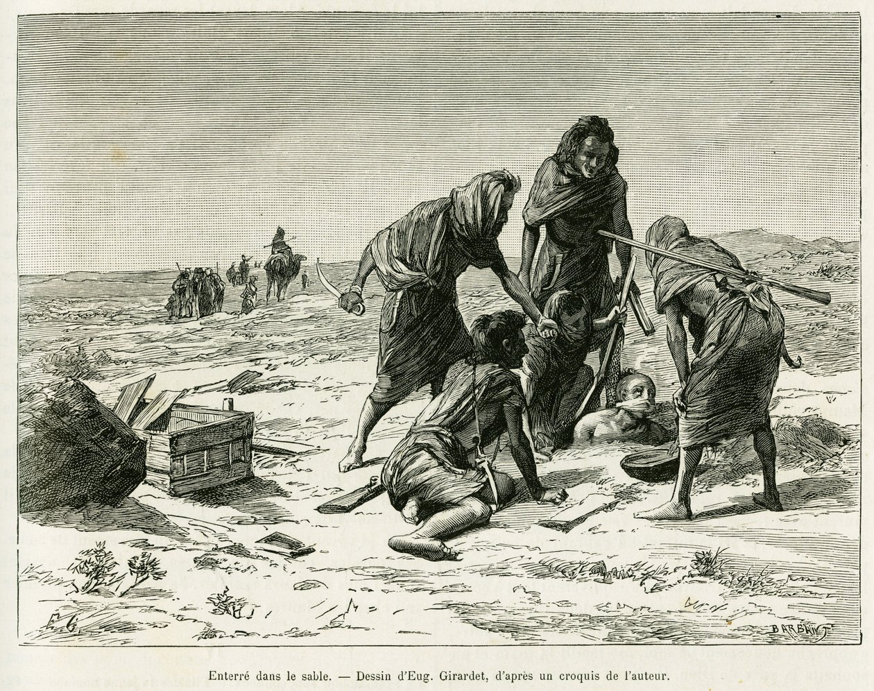 Sepoltura nella sabbia. Incisione di Eugene Girardet, per illustrare il racconto Cinque mesi tra i mori nomadi del Sahara occidentale, nel 1887, di Camille Douls, in Le Tour du monde 1888, sotto la direzione di Edouard Charton (1807-1890), Hachette, Parigi da Eugene Alexis Girardet
