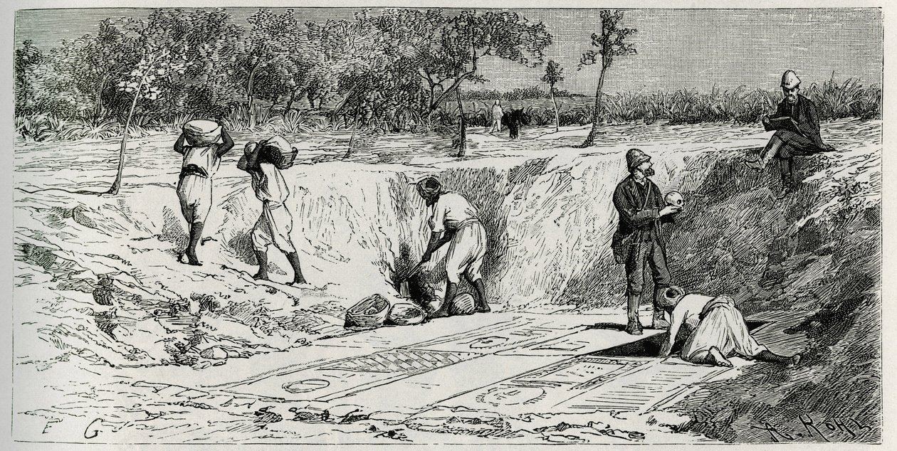 Scavi nel cimitero cristiano di Lamta, con entrambi i responsabili della missione. Incisione di Eug. Girardet, per illustrare la storia "Il viaggio in Tunisia", di Rene Cagnat da Eugene Alexis Girardet