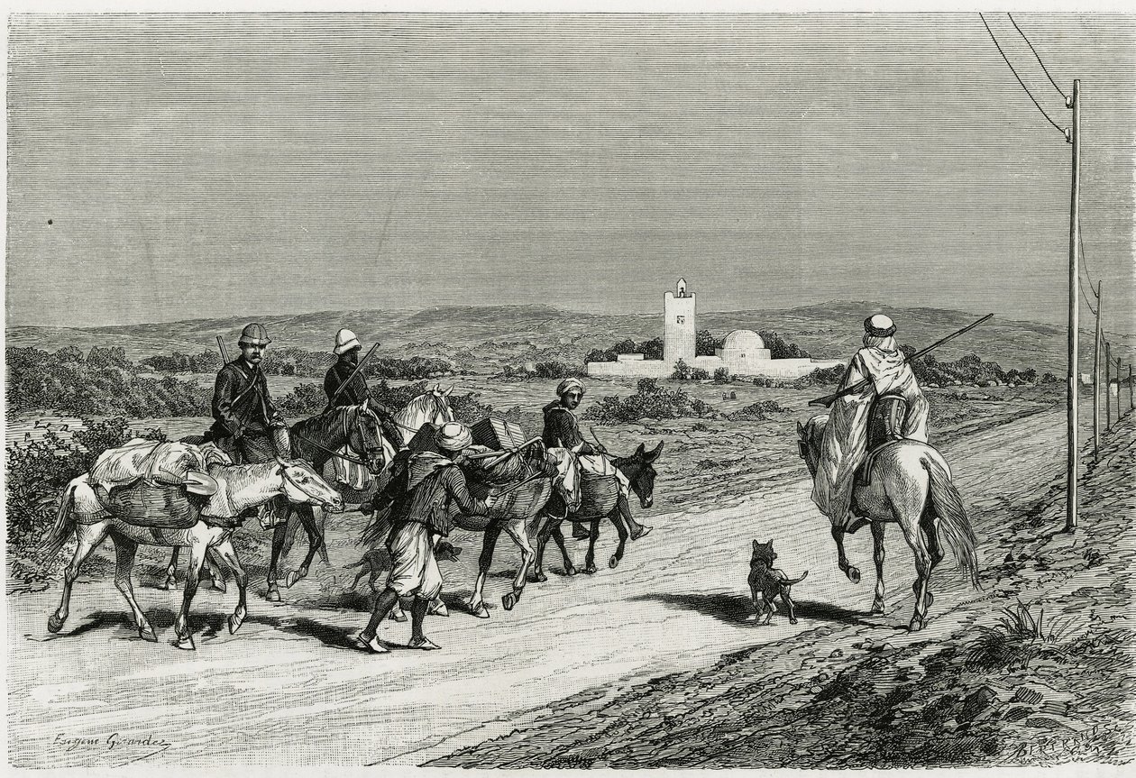 Il nostro rimorchio si muove. Inciso da Eugene Girardet, per illustrare il racconto “Viaggio in Tunisia”, di Rene Cagnat (1852-1937) storico e Henri Saladin (1851-1923), architetto, commissionato nel 1882-1883, dal Ministero della Pubblica Istruzione. Pubb da Eugene Alexis Girardet