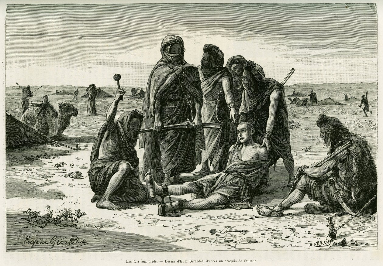 I ferri ai piedi. Incisione di Eugene Girardet, per illustrare il racconto Cinque mesi tra i mori nomadi del Sahara occidentale, nel 1887, di Camille Douls, in Le Tour du monde 1888, sotto la direzione di Edouard Charton (1807-1890), Hachette, Parigi da Eugene Alexis Girardet