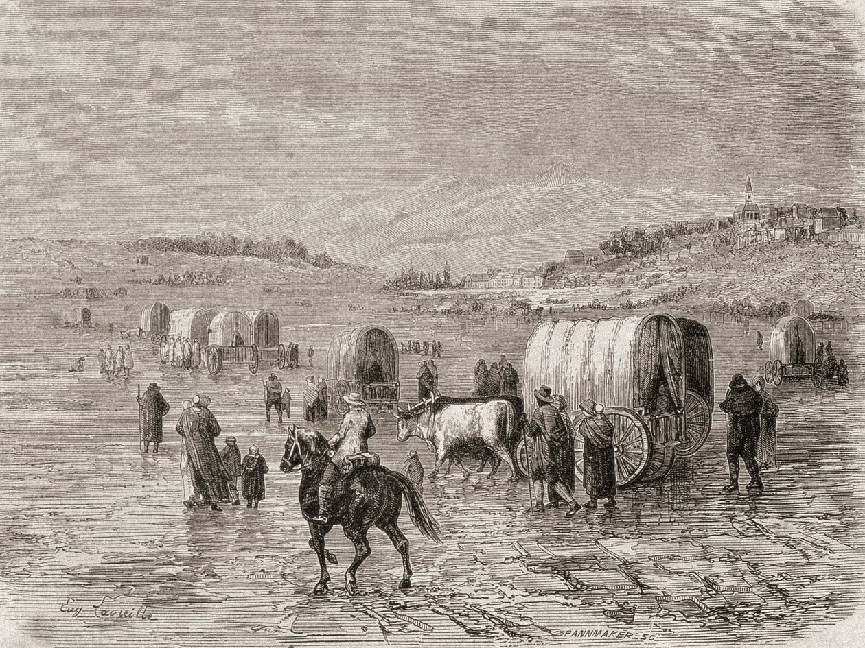 Un convoglio di carri diretto a ovest negli anni 1860, inciso da Stephane Pannemaker (1847-1930) da Eugene Antoine Samuel Lavieille